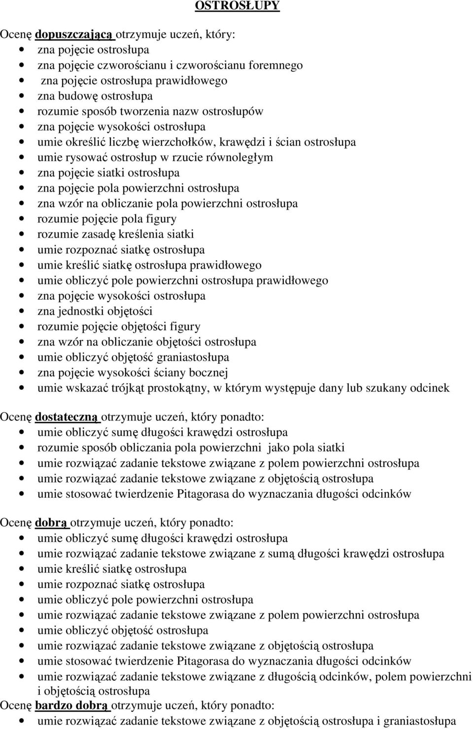 zna wzór na obliczanie pola powierzchni ostrosłupa rozumie pojęcie pola figury rozumie zasadę kreślenia siatki umie rozpoznać siatkę ostrosłupa umie kreślić siatkę ostrosłupa prawidłowego umie