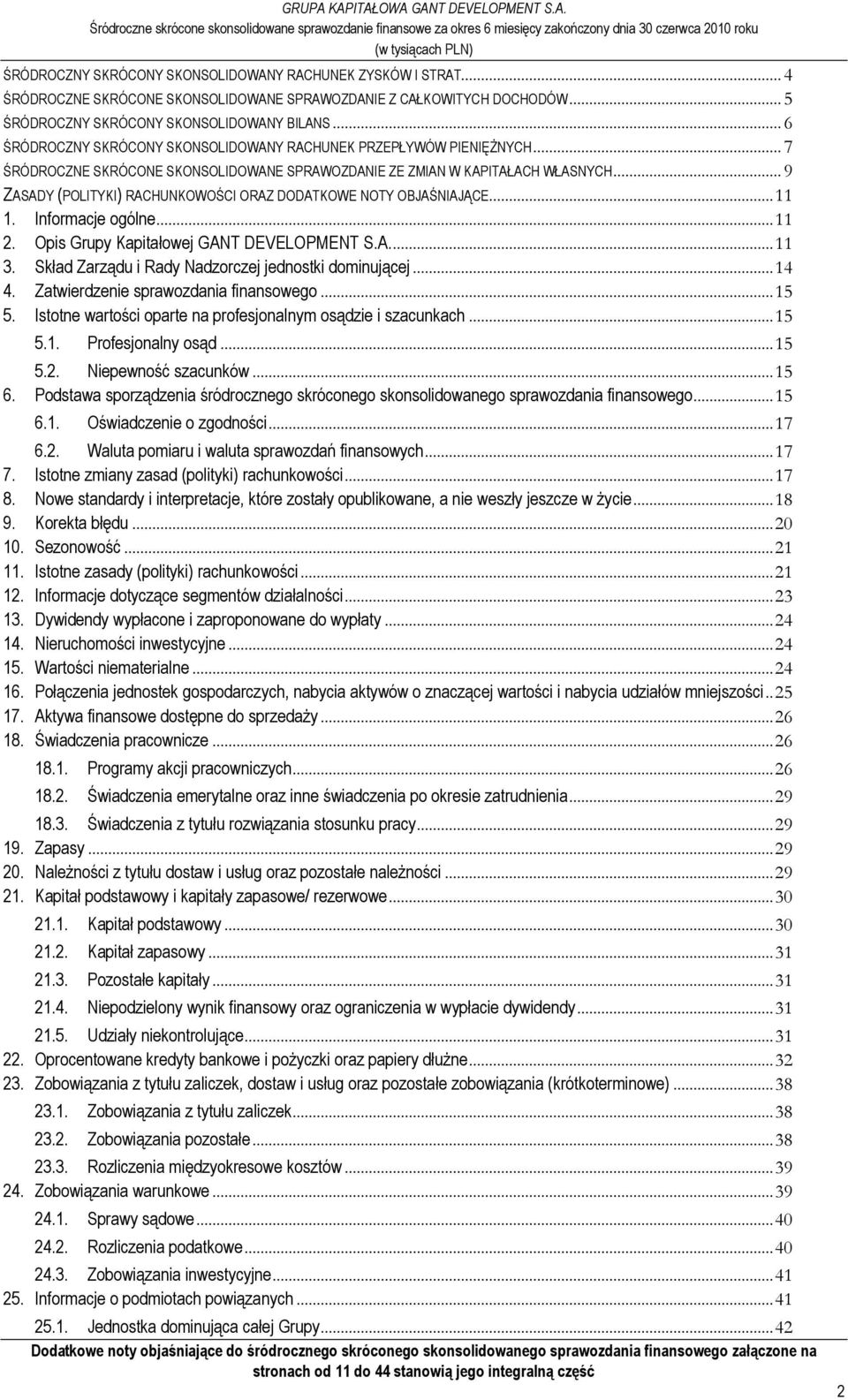 .. 9 ZASADY (POLITYKI) RACHUNKOWOŚCI ORAZ DODATKOWE NOTY OBJAŚNIAJĄCE... 11 1. Informacje ogólne... 11 2. Opis Grupy Kapitałowej GANT DEVELOPMENT S.A.... 11 3.