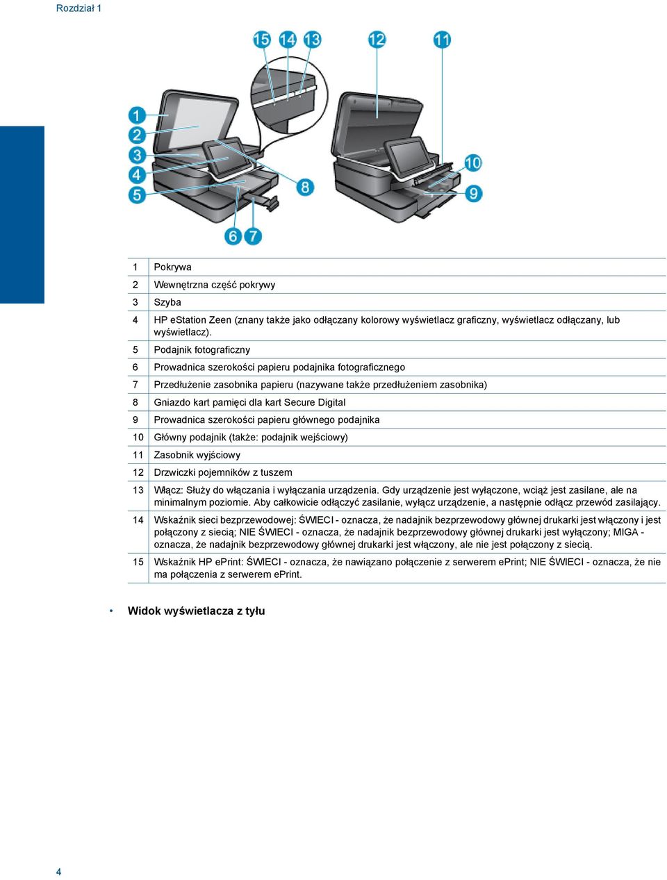 Digital 9 Prowadnica szerokości papieru głównego podajnika 10 Główny podajnik (także: podajnik wejściowy) 11 Zasobnik wyjściowy 12 Drzwiczki pojemników z tuszem 13 Włącz: Służy do włączania i