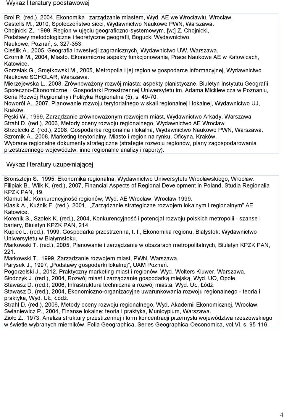 , 2005, Geografia inwestycji zagranicznych Wydawnictwo UW, Warszawa. Czornik M., 2004, Miasto. Ekonomiczne aspekty funkcjonowania, Prace Naukowe AE w Katowicach, Katowice. Gorzelak G., Smętkowski M.