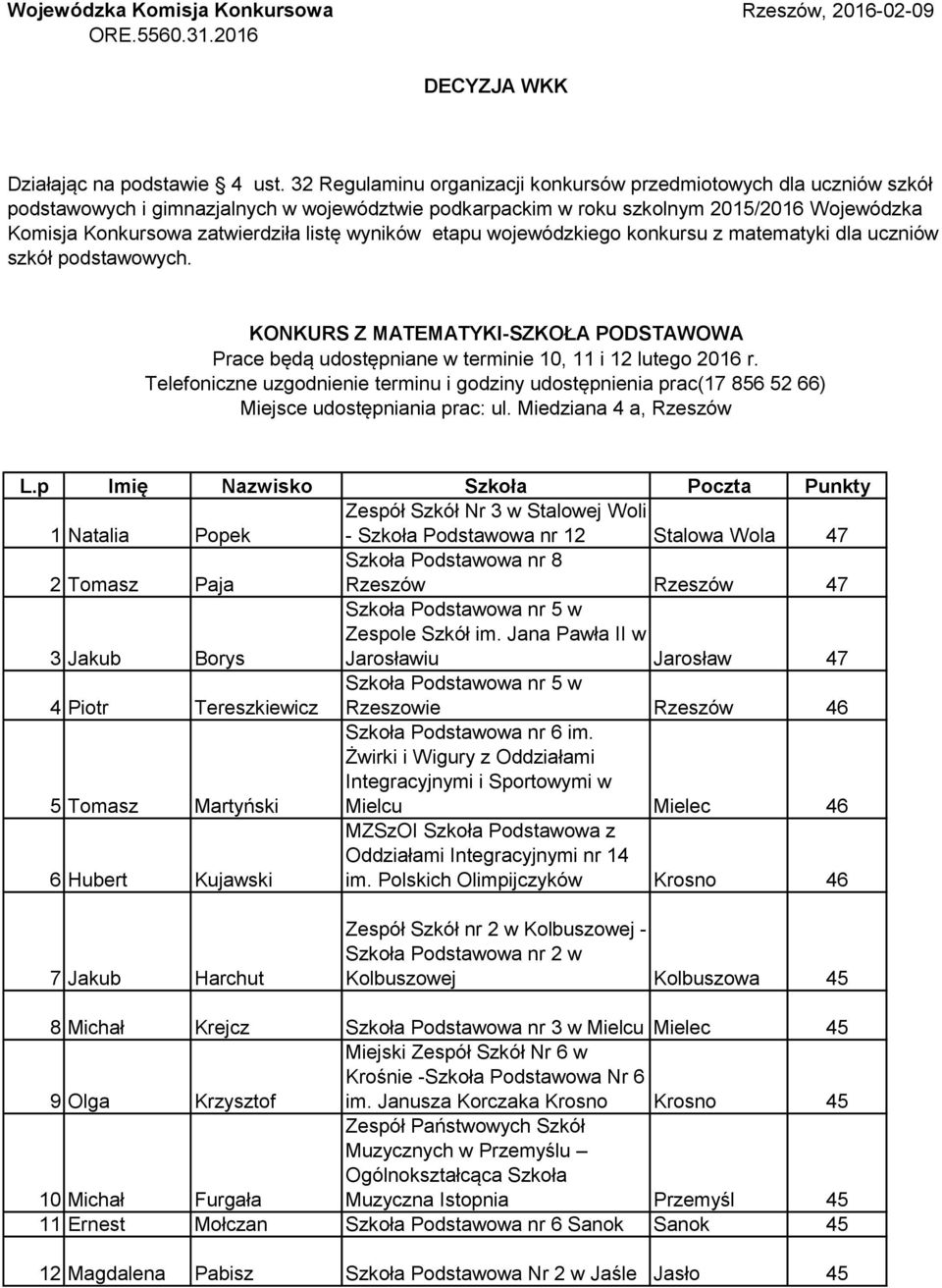 listę wyników etapu wojewódzkiego konkursu z matematyki dla uczniów szkół podstawowych. KONKURS Z MATEMATYKI-SZKOŁA PODSTAWOWA Prace będą udostępniane w terminie 10, 11 i 12 lutego 2016 r.