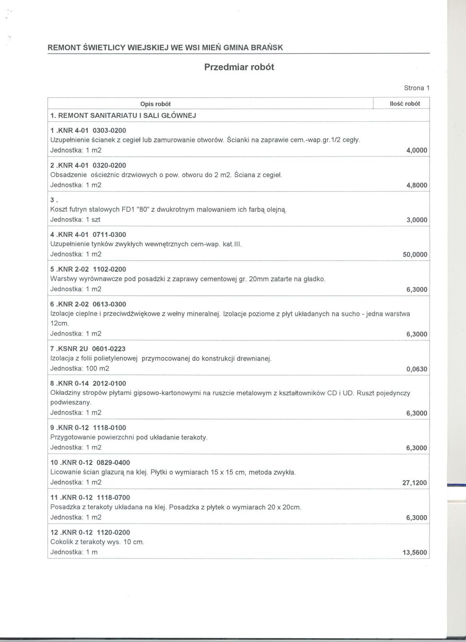 KNR 401 03200200 Obsadzenie oscieznic drzwiowych o pow. otworu do 2 m2. Sciana z cegiel. Jednostka: 1 m2 4,8000 3. Koszt futryn stalowych FD1 "80" z dwukrotnym malowaniem ich farba olejna.