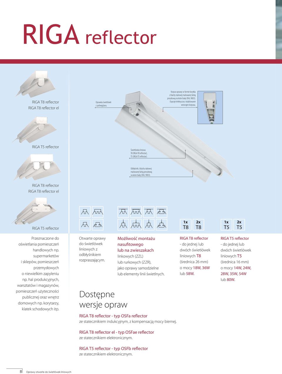 Odbłyśnik z blachy stalowej malowanej farbą proszkową na kolor biały (RAL 9003). RIGA T8 reflector RIGA T8 reflector el RIGA T5 reflector Przeznaczone do oświetlania pomieszczeń handlowych np.