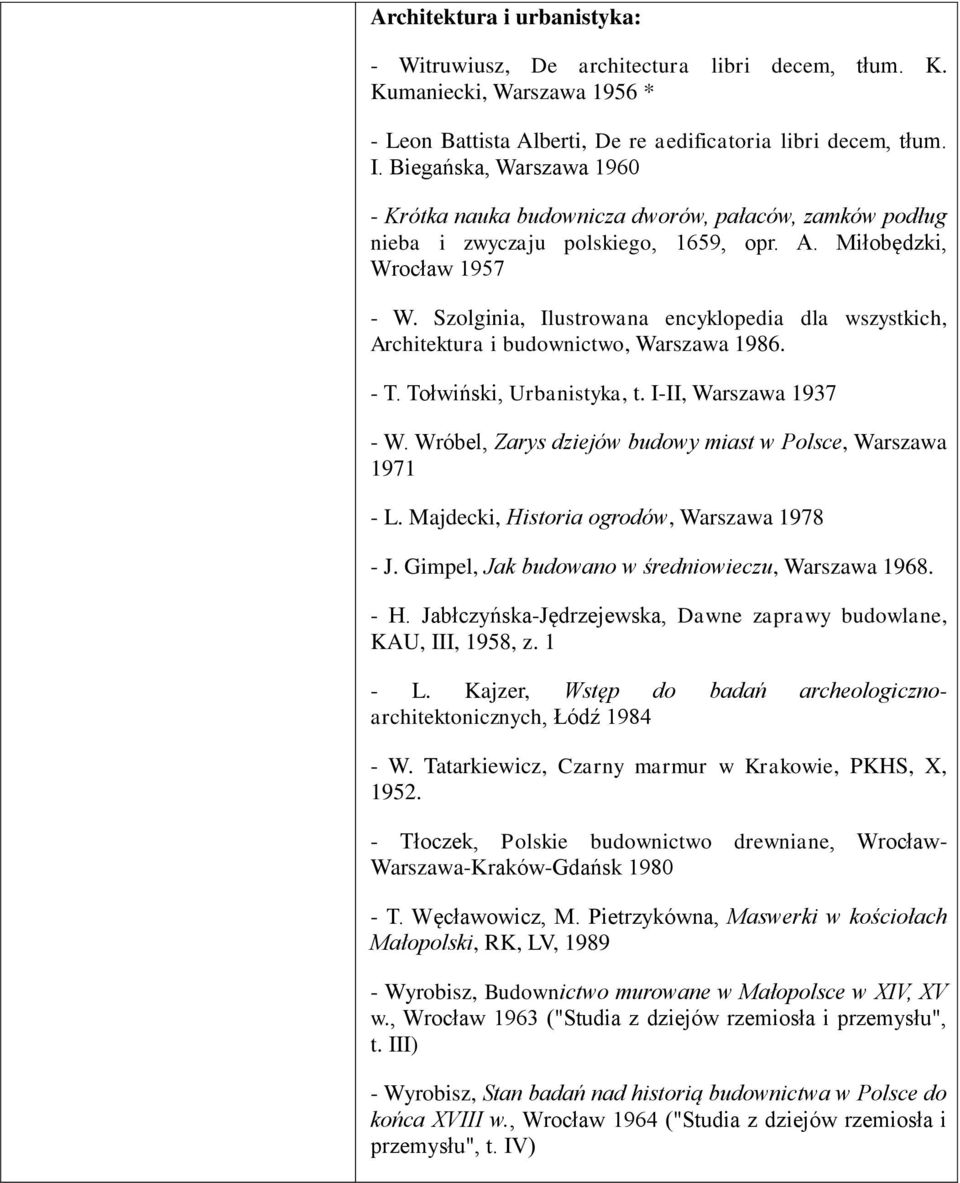 Szolginia, Ilustrowana encyklopedia dla wszystkich, Architektura i budownictwo, Warszawa 1986. - T. Tołwiński, Urbanistyka, t. I-II, Warszawa 1937 - W.