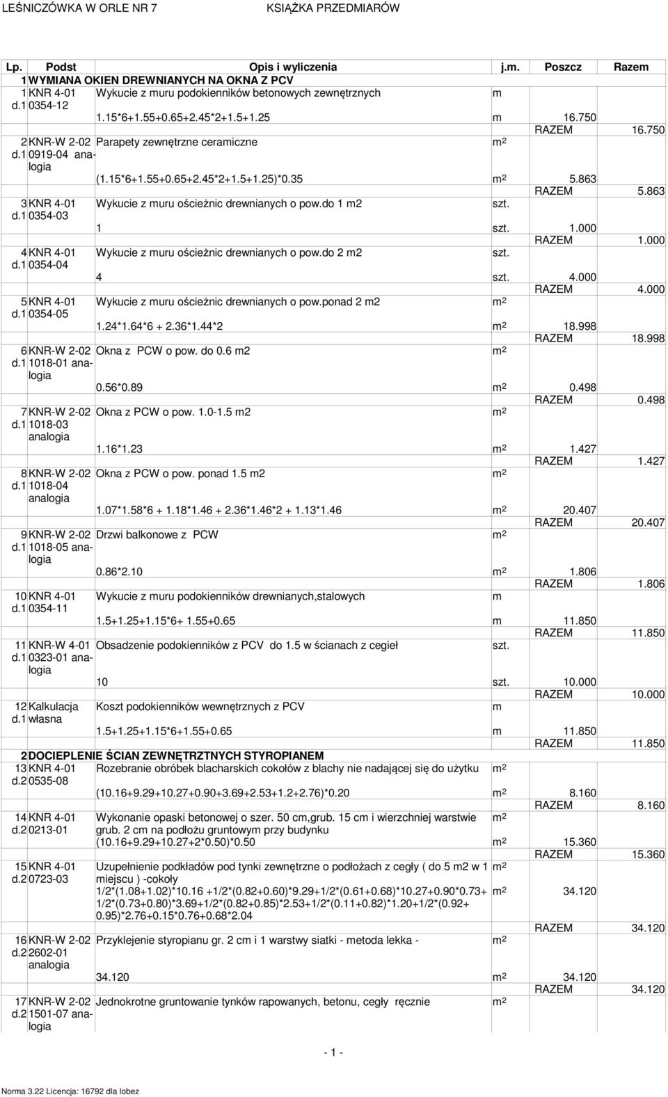 1 0354-03 1 1.000 RAZEM 1.000 4KNR 4-01 Wykucie z uru ościeżnic drewnianych o pow.do 2 2 d.1 0354-04 4 4.000 RAZEM 4.000 5KNR 4-01 Wykucie z uru ościeżnic drewnianych o pow.ponad 2 2 2 d.1 0354-05 1.