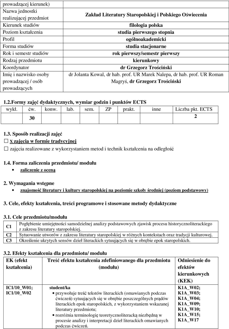 kierunkowy dr Grzegorz Trościński dr Jolanta Kowal, dr hab. prof. UR Marek Nalepa, dr hab. prof. UR Roman Magryś, dr Grzegorz Trościński 1.2.