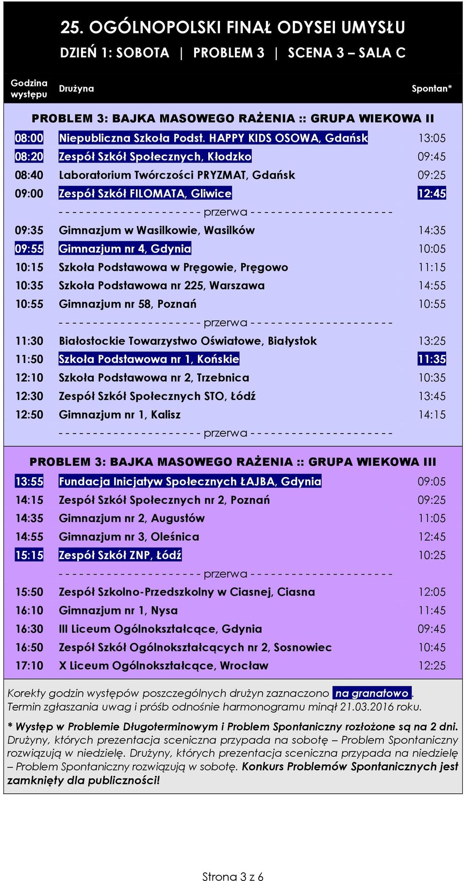 Wasilkowie, Wasilków 14:35 09:55 Gimnazjum nr 4, Gdynia 10:05 10:15 Szkoła Podstawowa w Pręgowie, Pręgowo 11:15 10:35 Szkoła Podstawowa nr 225, Warszawa 14:55 10:55 Gimnazjum nr 58, Poznań 10:55