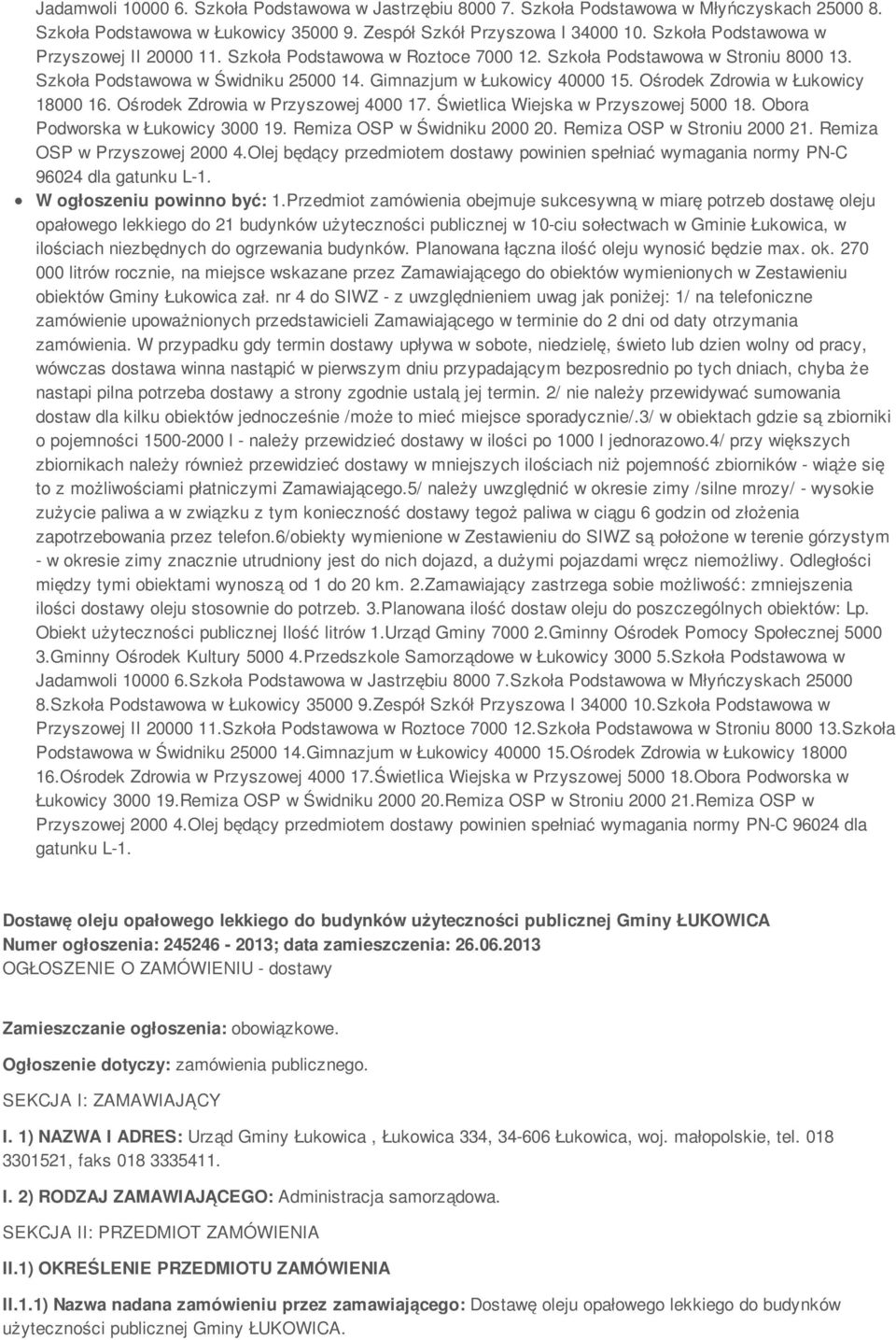 Ośrodek Zdrowia w Łukowicy 18000 16. Ośrodek Zdrowia w Przyszowej 4000 17. Świetlica Wiejska w Przyszowej 5000 18. Obora Podworska w Łukowicy 3000 19. Remiza OSP w Świdniku 2000 20.