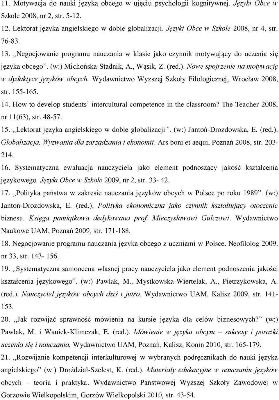 Michońska-Stadnik, A., Wąsik, Z. (red.). Nowe spojrzenie na motywację w dydaktyce języków obcych. Wydawnictwo Wyższej Szkoły Filologicznej, Wrocław 2008, str. 155-165. 14.