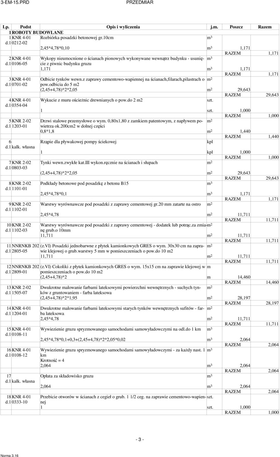 1 0106-05 z piwnic budynku gruzu 1,171 3 1,171 RAZEM 1,171 3 KNR 4-01 Odbicie tynków wewn.z zaprawy ceentowo-wapiennej na ścianach,filarach,pilastrach o 2 d.1 0701-02 pow.