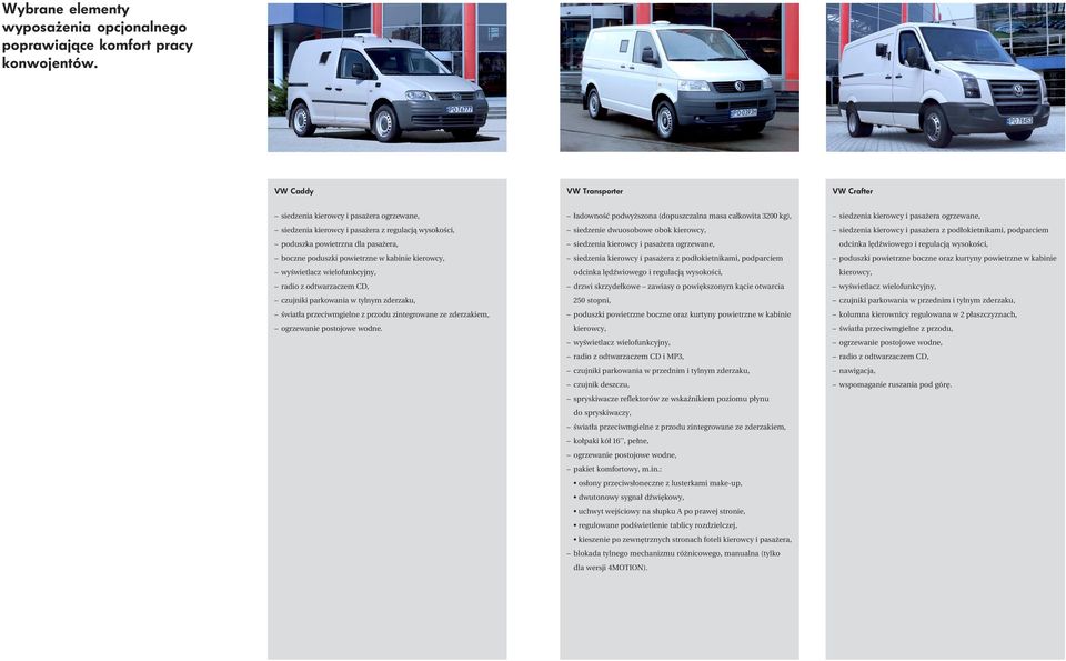 kierowcy, wyświetlacz wielofunkcyjny, radio z odtwarzaczem CD, czujniki parkowania w tylnym zderzaku, światła przeciwmgielne z przodu zintegrowane ze zderzakiem, ogrzewanie postojowe wodne.