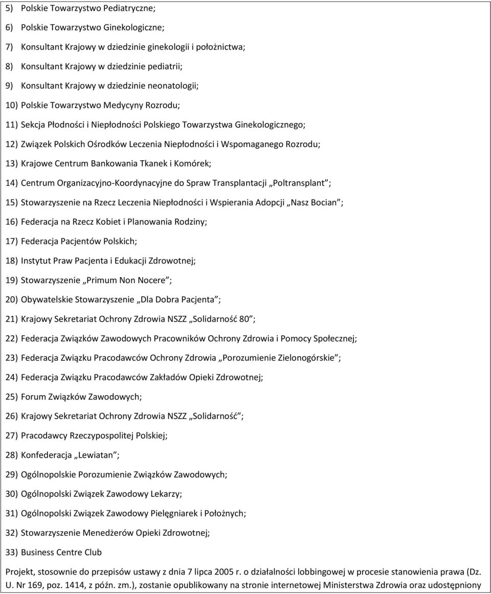 Niepłodności i Wspomaganego Rozrodu; 13) Krajowe Centrum Bankowania Tkanek i Komórek; 14) Centrum Organizacyjno-Koordynacyjne do Spraw Transplantacji Poltransplant ; 15) Stowarzyszenie na Rzecz