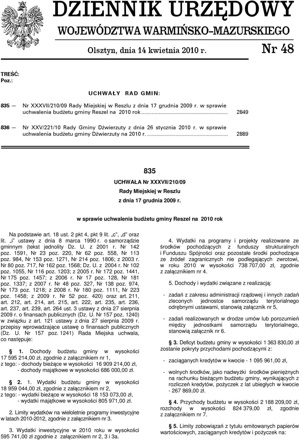 ... 2889 835 UCHWAŁA Nr XXXVII/210/09 Rady Miejskiej w Reszlu z dnia 17 grudnia 2009 r. w sprawie uchwalenia budżetu gminy Reszel na 2010 rok Na podstawie art. 18 ust. 2 pkt 4, pkt 9 lit.
