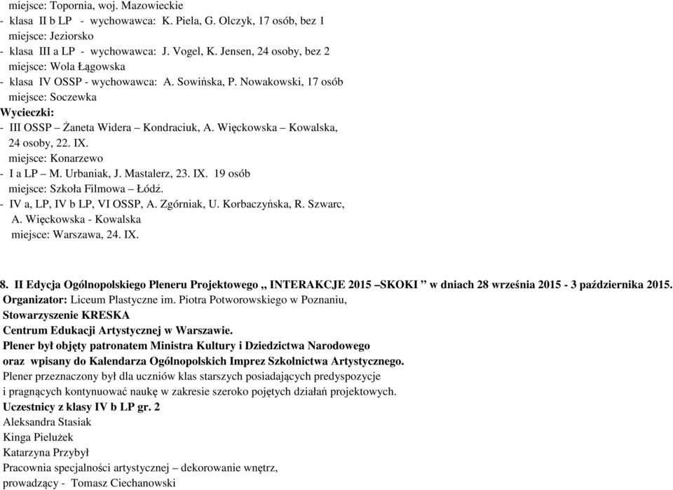Więckowska Kowalska, 24 osoby, 22. IX. miejsce: Konarzewo - I a LP M. Urbaniak, J. Mastalerz, 23. IX. 19 osób miejsce: Szkoła Filmowa Łódź. - IV a, LP, IV b LP, VI OSSP, A. Zgórniak, U.