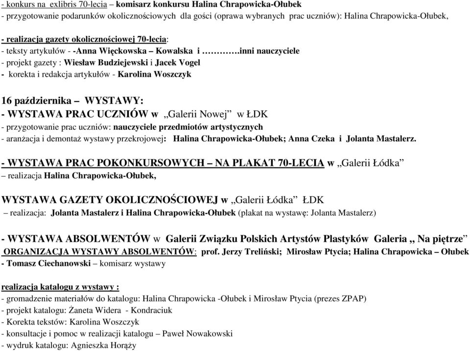 inni nauczyciele - projekt gazety : Wiesław Budziejewski i Jacek Vogel - korekta i redakcja artykułów - Karolina Woszczyk 16 października WYSTAWY: - WYSTAWA PRAC UCZNIÓW w Galerii Nowej w ŁDK -