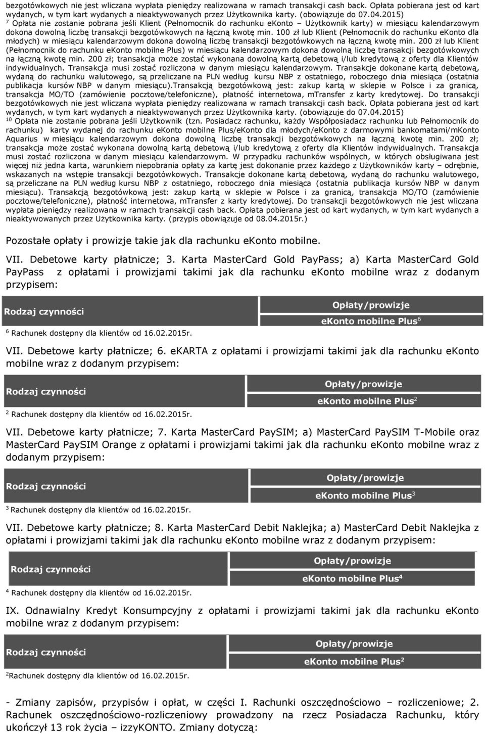 .0.201) 7 Opłata nie zostanie pobrana jeśli Klient (Pełnomocnik do rachunku ekonto Użytkownik karty) w miesiącu kalendarzowym dokona dowolną liczbę transakcji bezgotówkowych na łączną kwotę min.