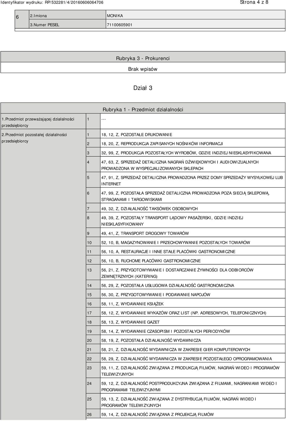 INDZIEJ NIESKLASYFIKOWANA 4 47, 63, Z, SPRZEDAŻ DETALICZNA NAGRAŃ DŹWIĘKOWYCH I AUDIOWIZUALNYCH PROWADZONA W WYSPECJALIZOWANYCH SKLEPACH 5 47, 91, Z, SPRZEDAŻ DETALICZNA PROWADZONA PRZEZ DOMY