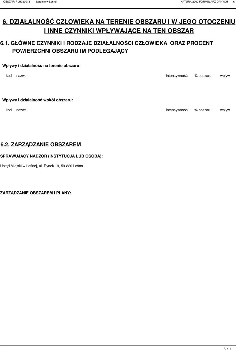 obszaru: kod nazwa intensywność % obszaru wpływ Wpływy i działalność wokół obszaru: kod nazwa intensywność % obszaru wpływ 6.2.