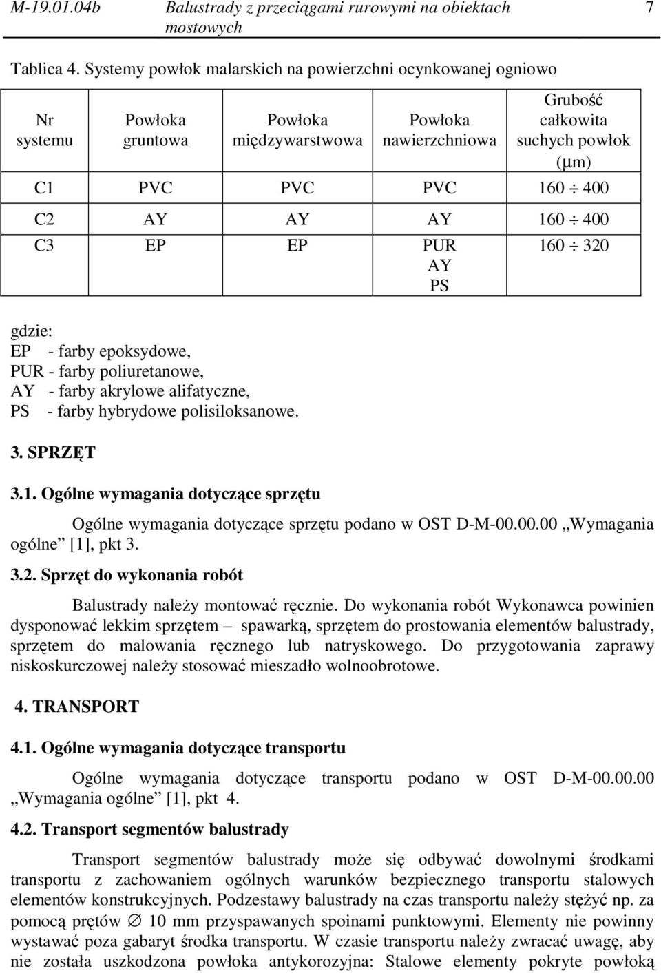 AY AY AY 160 400 C3 EP EP PUR AY PS gdzie: EP - farby epoksydowe, PUR - farby poliuretanowe, AY - farby akrylowe alifatyczne, PS - farby hybrydowe polisiloksanowe. 3. SPRZĘT 3.1. Ogólne wymagania dotyczące sprzętu 160 320 Ogólne wymagania dotyczące sprzętu podano w OST D-M-00.