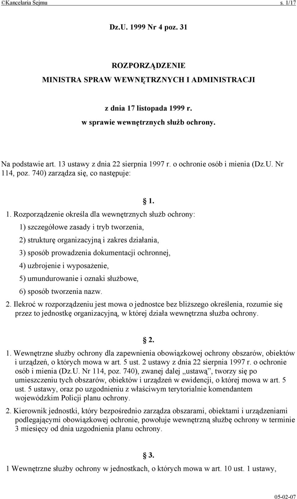 97 r. o ochronie osób i mienia (Dz.U. Nr 11