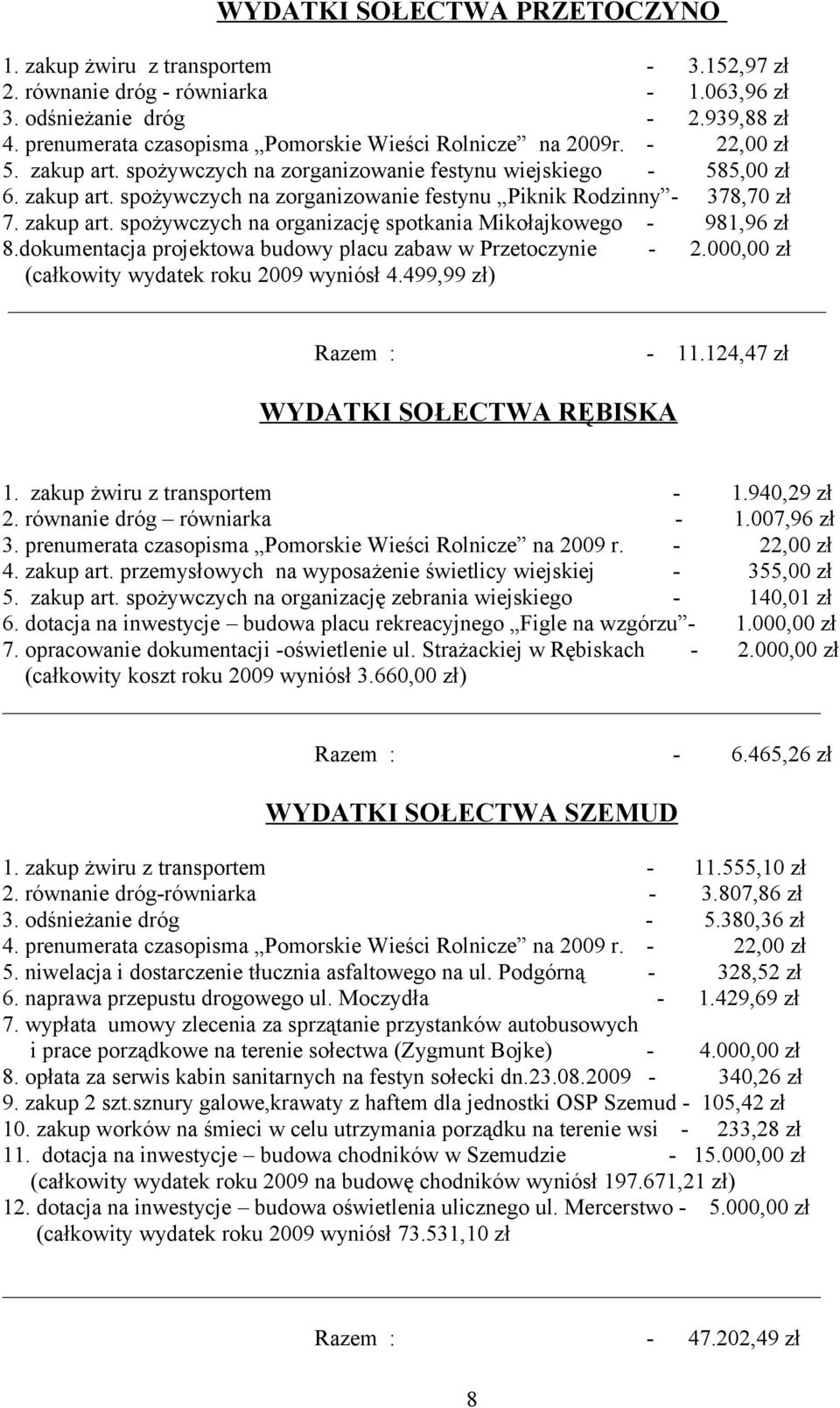 zakup art. spożywczych na organizację spotkania Mikołajkowego - 981,96 zł 8.dokumentacja projektowa budowy placu zabaw w Przetoczynie - 2.000,00 zł (całkowity wydatek roku 2009 wyniósł 4.