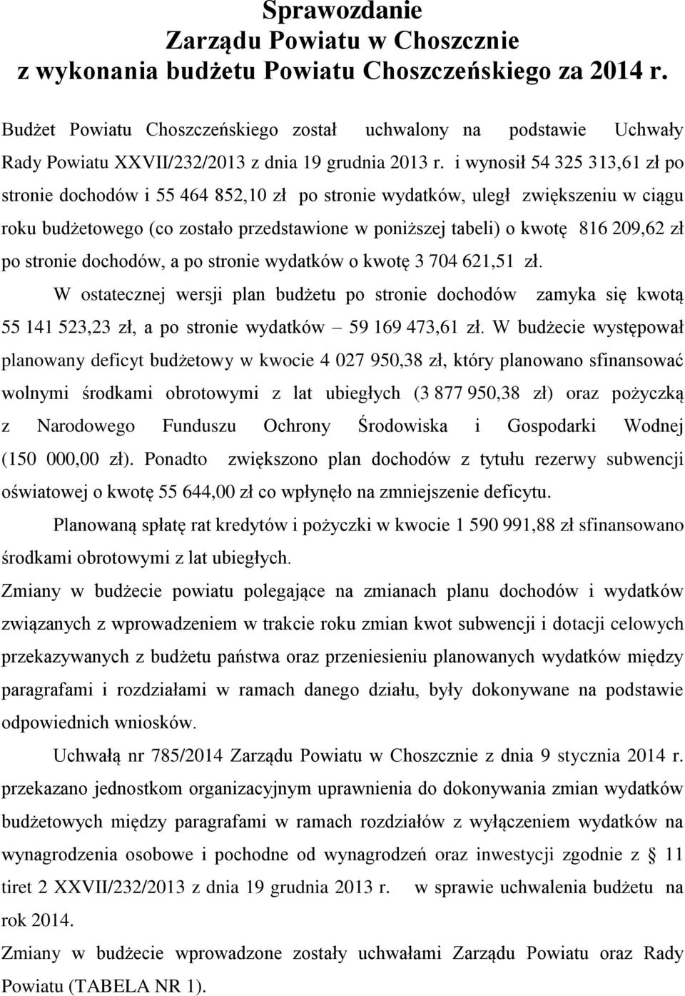 i wynosił 54 325 313,61 zł po stronie dochodów i 55 464 852,10 zł po stronie wydatków, uległ zwiększeniu w ciągu roku budżetowego (co zostało przedstawione w poniższej tabeli) o kwotę 816 209,62 zł