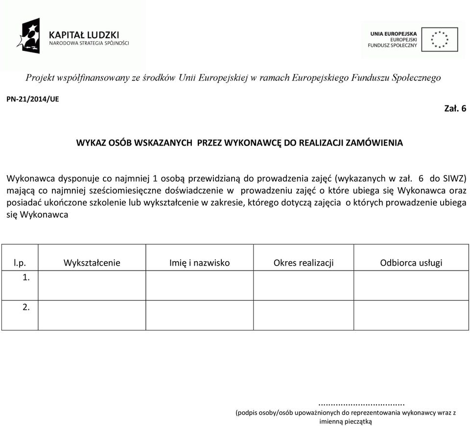 6 do SIWZ) mającą co najmniej sześciomiesięczne doświadczenie w prowadzeniu zajęć o które ubiega się Wykonawca oraz posiadać ukończone
