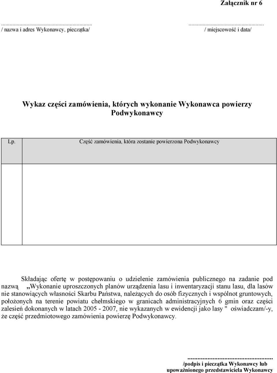 inwentaryzacji stanu lasu, dla lasów nie stanowiących własności Skarbu Państwa, należących do osób fizycznych i wspólnot gruntowych, położonych na terenie powiatu chełmskiego w granicach