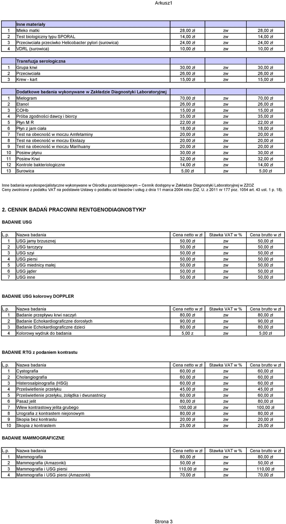 Diagnostyki Laboratoryjnej 1 Mielogram 70,00 zł zw 70,00 zł 2 Etanol 26,00 zł zw 26,00 zł 3 COHb 15,00 zł zw 15,00 zł 4 Próba zgodności dawcy i biorcy 35,00 zł zw 35,00 zł 5 Płyn M R 22,00 zł zw