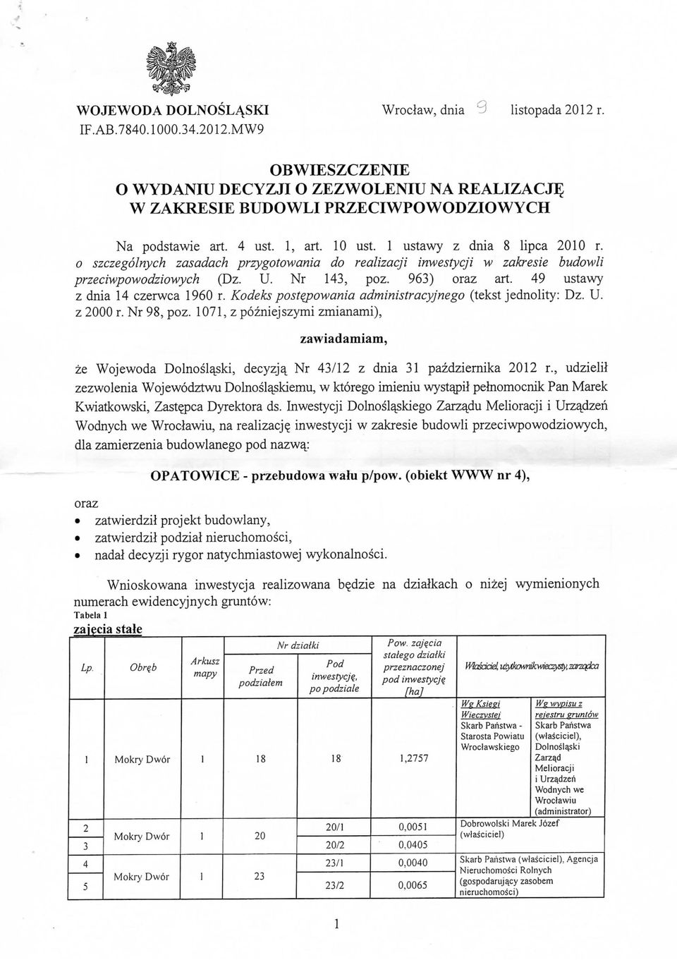 Kodeks postejtowania administracyjnego (tekst jednolity; Dz. U. z 000 r. Nr 98, poz. 0, z pozniejszymi zmianami), zawiadamiam, ze Wojewoda Dolnosl^ski, decyzjq. Nr 3/ z dnia 3 pazdziernika 0 r.