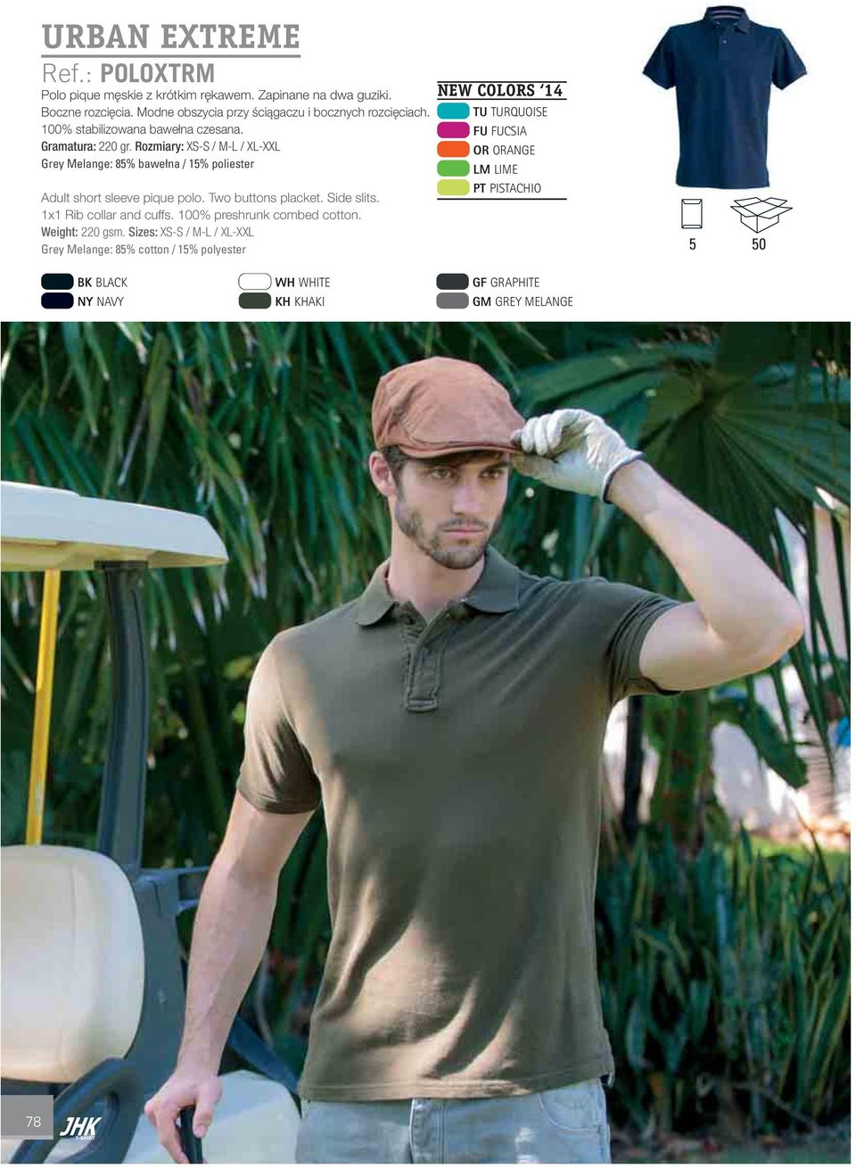 Rozmiary: XS-S / M-L / XL-XXL Grey Melange: 85% bawełna / 15% poliester Adult short sleeve pique polo. Two buttons placket. Side slits.