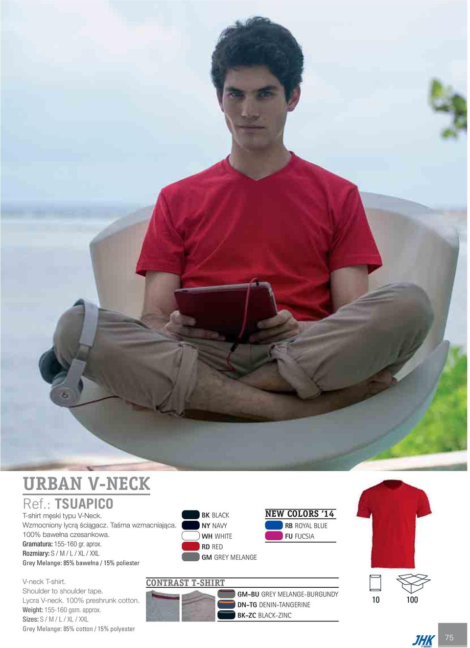 Rozmiary: S / M / L / XL / XXL Grey Melange: 85% bawełna / 15% poliester GM GREY MELANGE NEW COLORS 14 FU FUCSIA V-neck T-shirt.