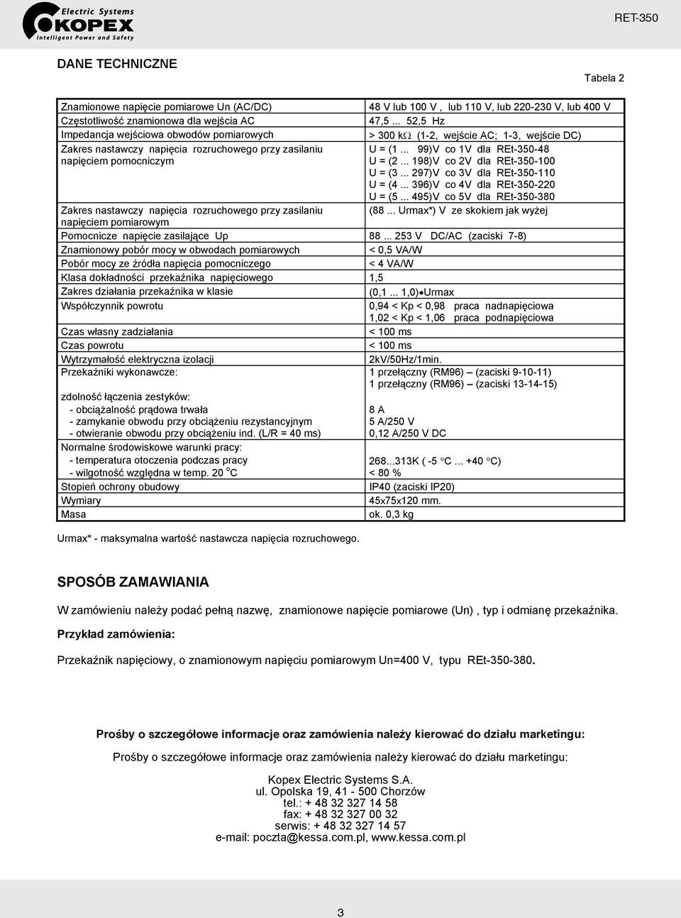 .. 99)V co 1V dla REt-350-48 U = (2... 198)V co 2V dla REt-350-100 U = (3... 297)V co 3V dla REt-350-110 U = (4... 396)V co 4V dla REt-350-220 U = (5.