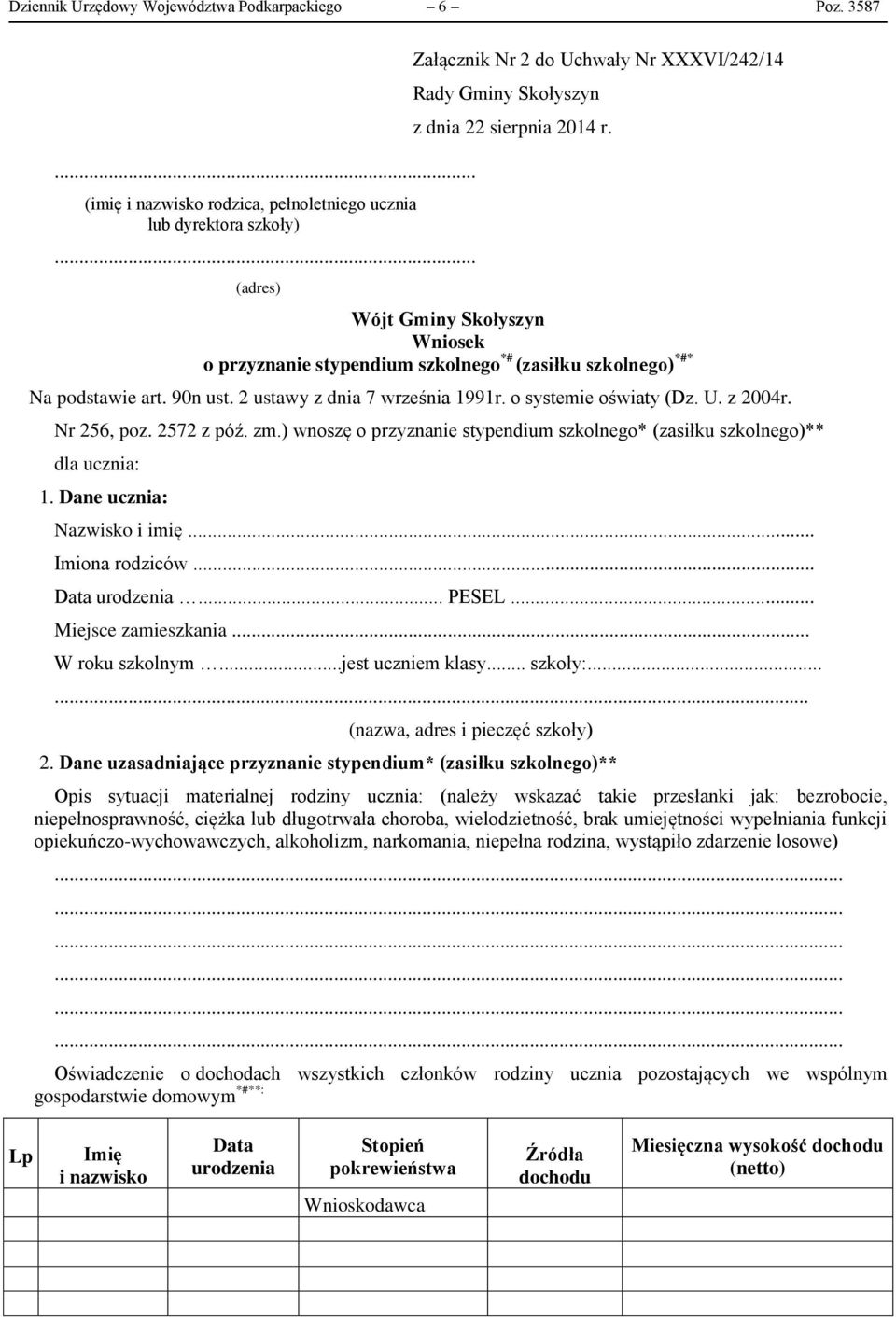 Wójt Gminy Skołyszyn Wniosek o przyznanie stypendium szkolnego *# (zasiłku szkolnego) *#* Na podstawie art. 90n ust. 2 ustawy z dnia 7 września 1991r. o systemie oświaty (Dz. U. z 2004r. Nr 256, poz.