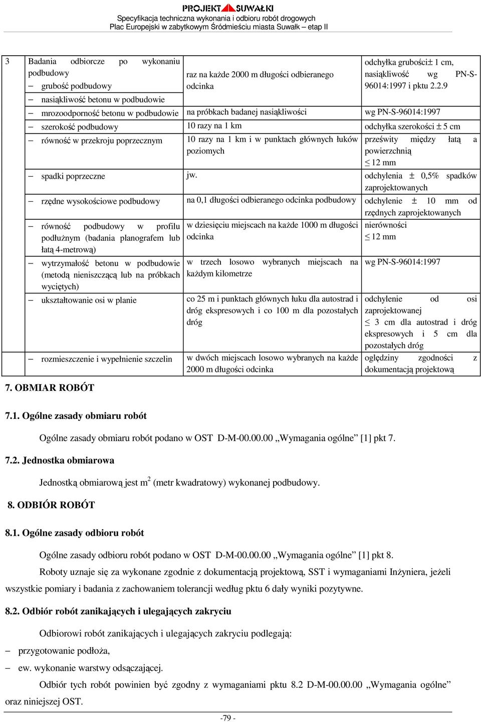 2.9 mrozoodporność betonu w podbudowie na próbkach badanej nasiąkliwości wg PN-S-96014:1997 szerokość podbudowy 10 razy na 1 km odchyłka szerokości ± 5 cm równość w przekroju poprzecznym 10 razy na 1