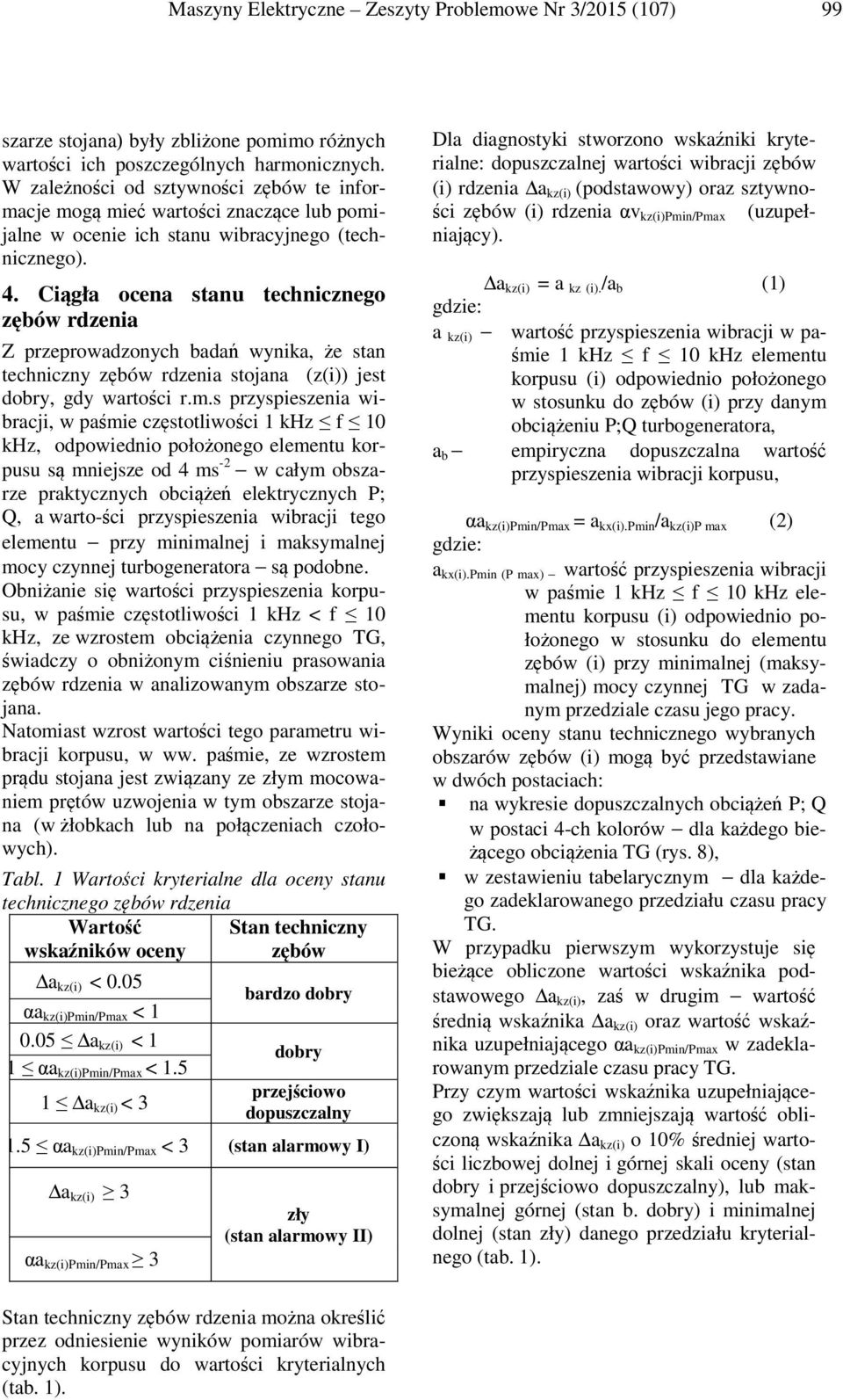 Ciągła ocena stanu technicznego zębów rdzenia Z przeprowadzonych badań wynika, że stan techniczny zębów rdzenia stojana (z(i)) jest dobry, gdy wartości r.m.