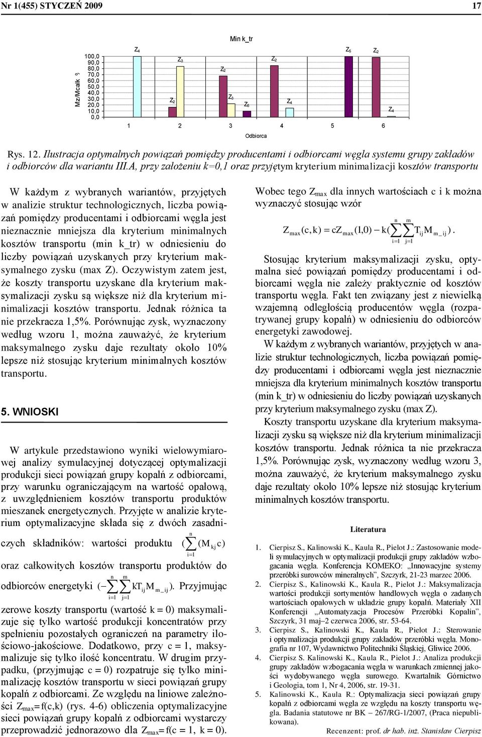 odbiorcami węgla jest iezaczie miejsza dla kryterium miimalych kosztów trasportu (mi k_tr) w odiesieiu do liczby powiązań uzyskaych przy kryterium maksymalego zysku (max Z).