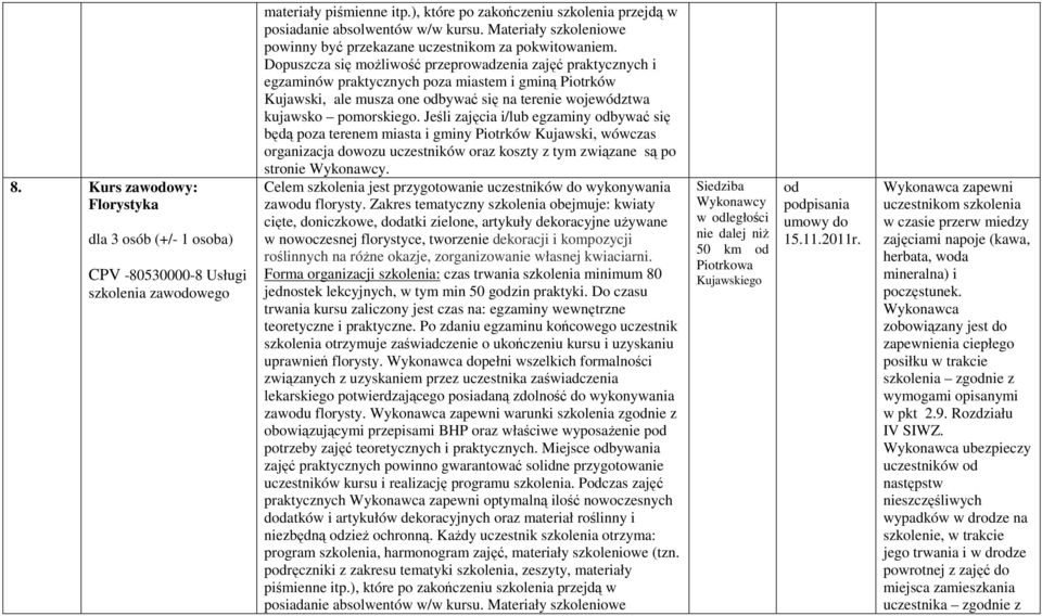 Dopuszcza się moŝliwość przeprowadzenia zajęć praktycznych i egzaminów praktycznych poza miastem i gminą Piotrków Kujawski, ale musza one bywać się na terenie województwa kujawsko pomorskiego.