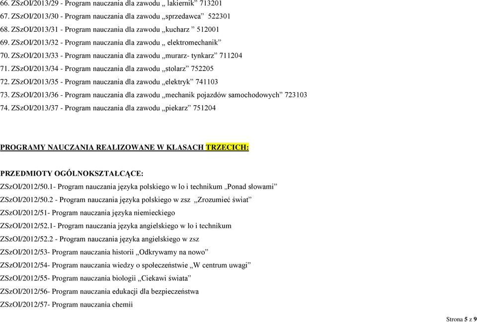 ZSzOI/2013/35 - Program nauczania dla zawodu elektryk 741103 73. ZSzOI/2013/36 - Program nauczania dla zawodu mechanik pojazdów samochodowych 723103 74.