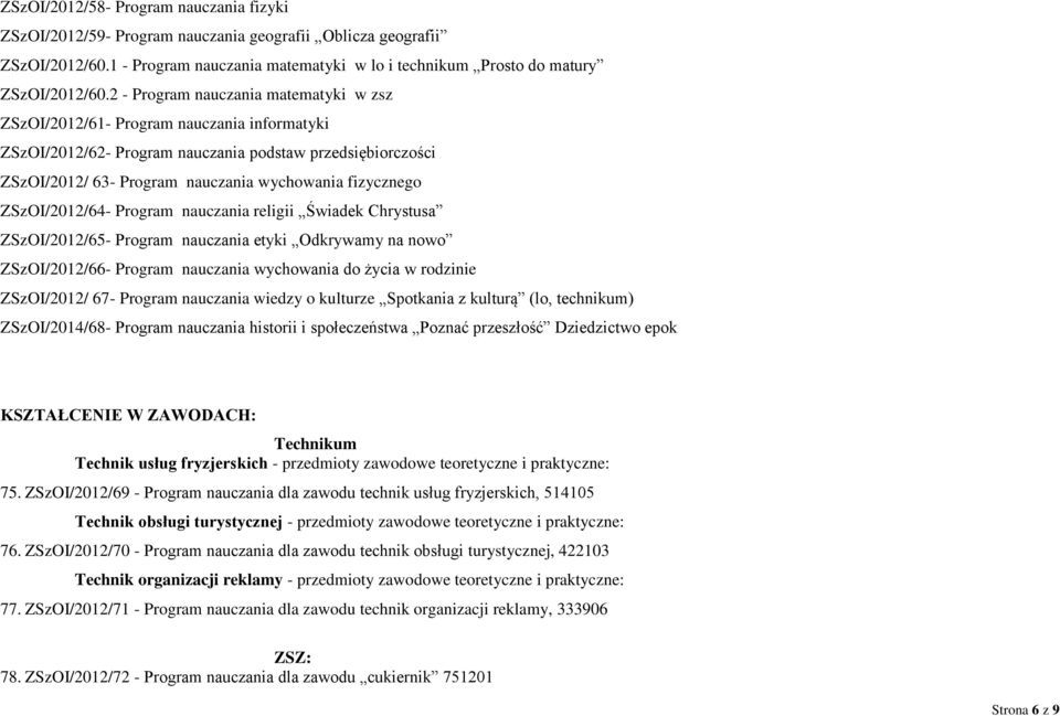 ZSzOI/2012/64- Program nauczania religii Świadek Chrystusa ZSzOI/2012/65- Program nauczania etyki Odkrywamy na nowo ZSzOI/2012/66- Program nauczania wychowania do życia w rodzinie ZSzOI/2012/ 67-