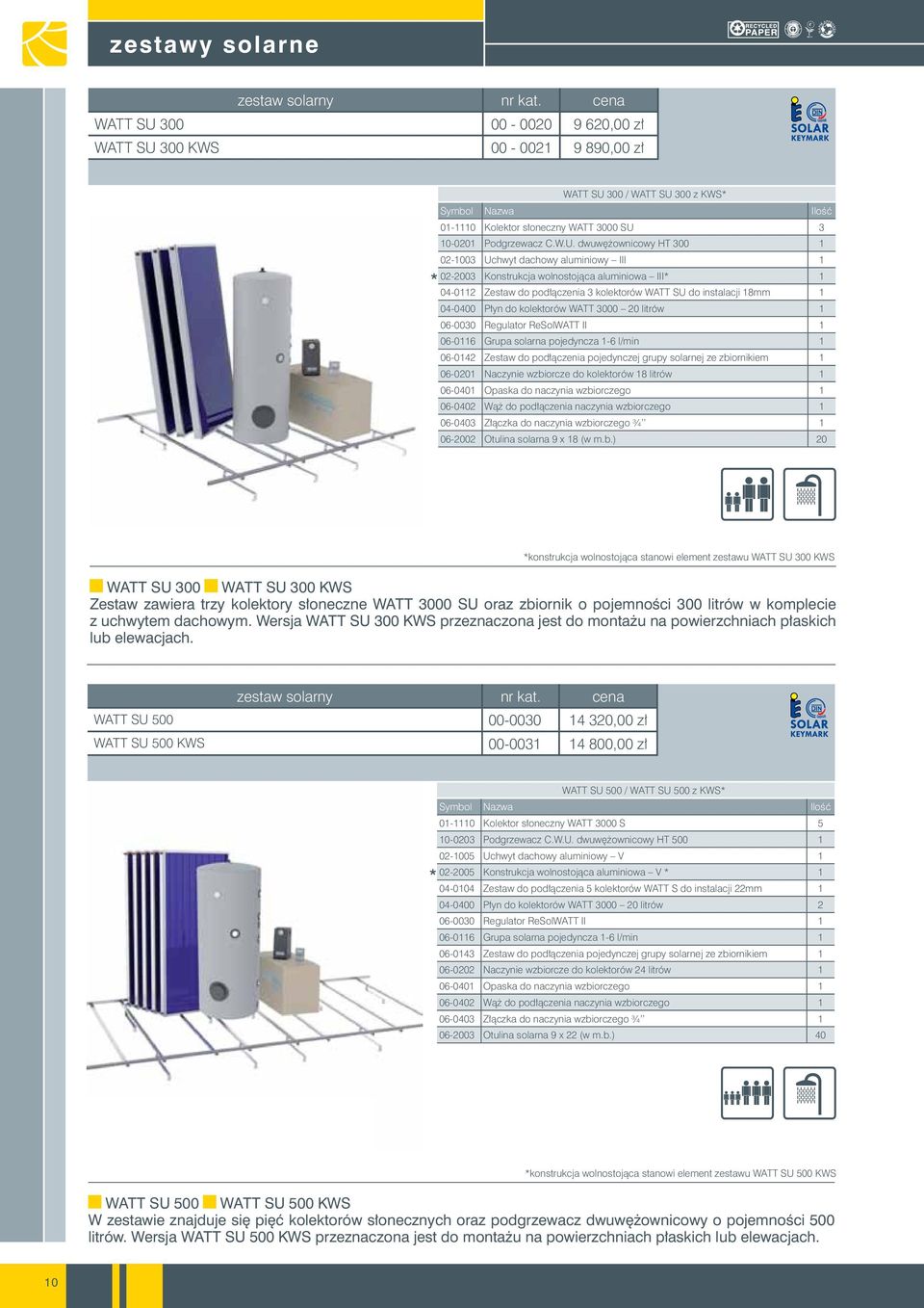 dwuwężownicowy HT 300 1 02-1003 Uchwyt dachowy aluminiowy III 1 02-2003 Konstrukcja wolnostojąca aluminiowa III* 1 04-0112 Zestaw do podłączenia 3 kolektorów WATT SU do instalacji 18mm 1 04-0400 Płyn