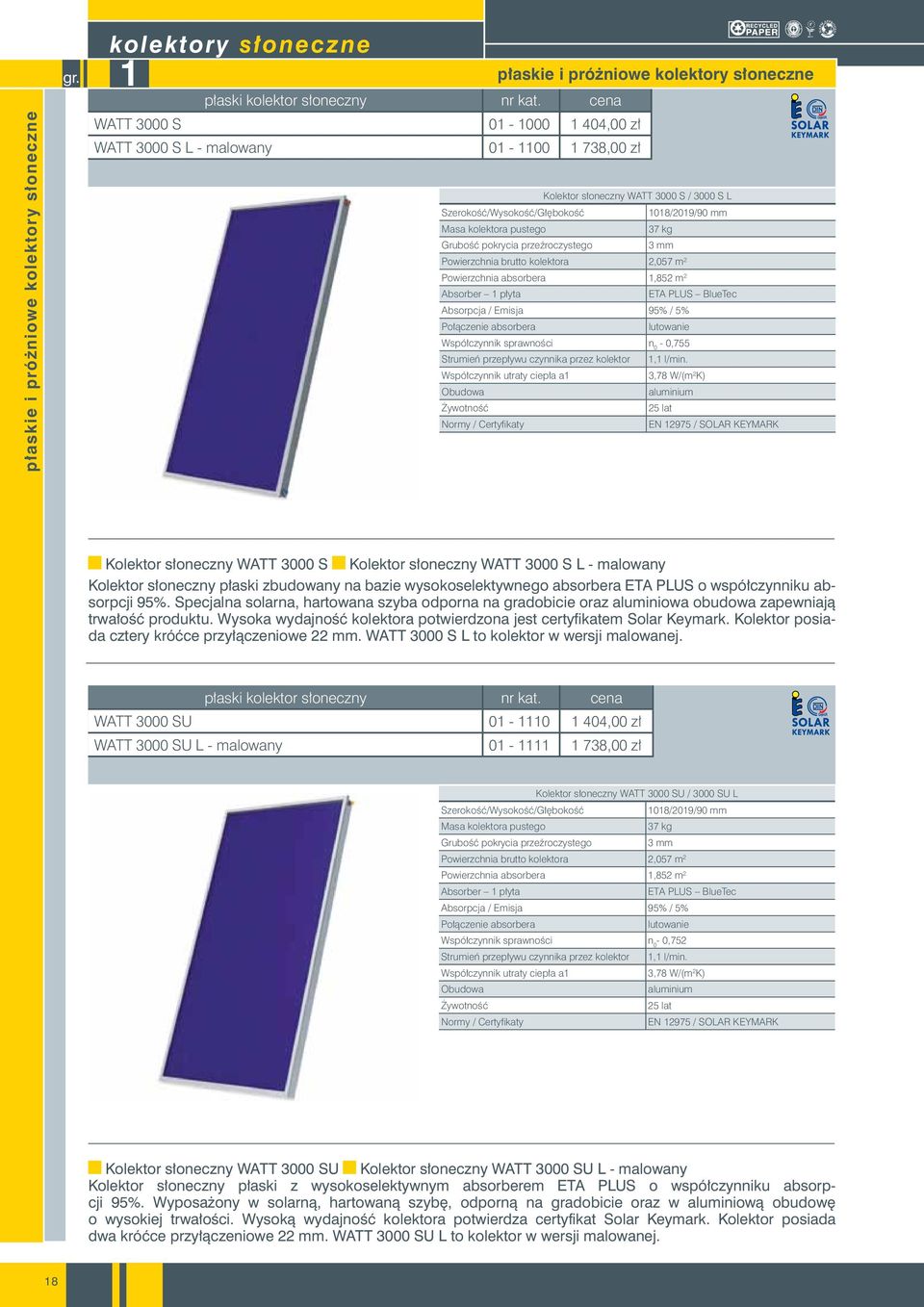 3000 S L Szerokość/Wysokość/Głębokość 1018/2019/90 mm Masa kolektora pustego 37 kg Grubość pokrycia przeźroczystego 3 mm Powierzchnia brutto kolektora 2,057 m 2 Powierzchnia absorbera 1,852 m 2