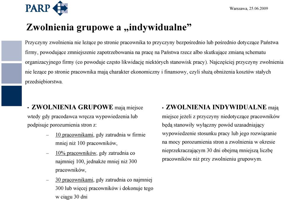 Najczęściej przyczyny zwolnienia nie lezące po stronie pracownika mają charakter ekonomiczny i finansowy, czyli służą obniżenia kosztów stałych przedsiębiorstwa.