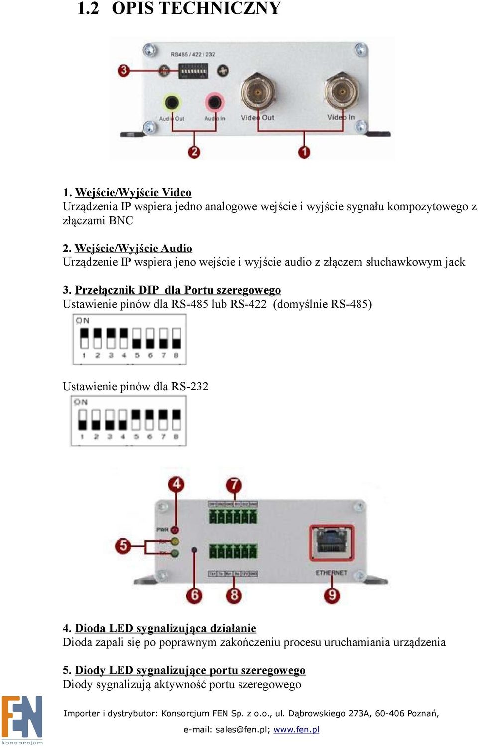 Przełącznik DIP dla Portu szeregowego Ustawienie pinów dla RS-485 lub RS-422 (domyślnie RS-485) Ustawienie pinów dla RS-232 4.