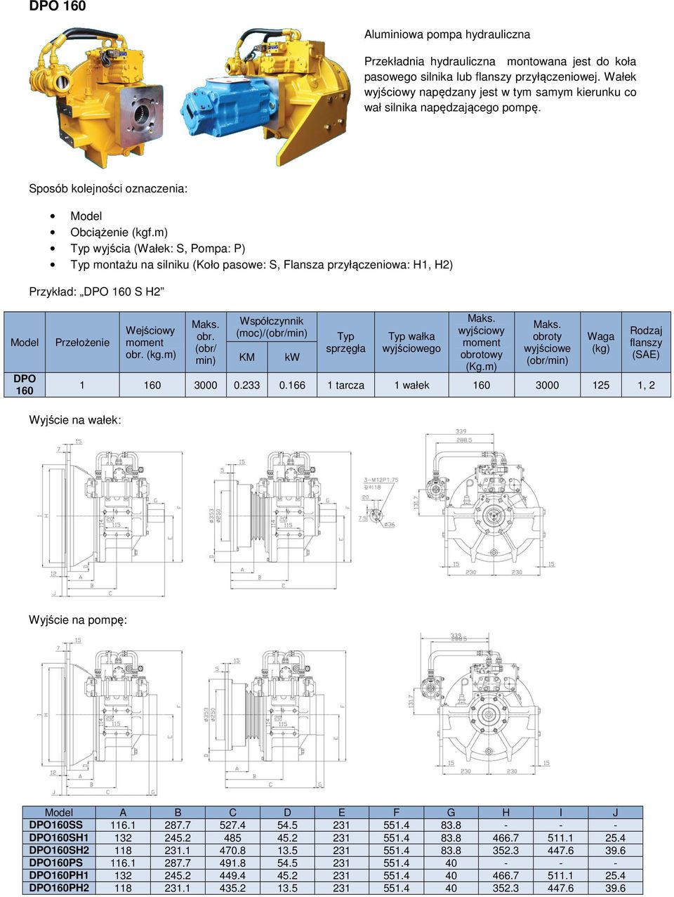 m) wyjścia (Wałek: S, Pompa: P) montażu na silniku (Koło pasowe: S, Flansza przyłączeniowa: H1, H2) Przykład: DPO 160 S H2 DPO 160 Wejściowy obr. (kg.m) obr.