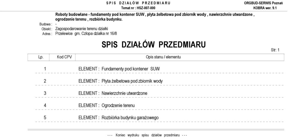 Kod CPV Opis stanu / elementu 1 ELEMENT : Fundamenty pod kontener SUW 2 ELEMENT : Płyta Ŝelbetowa pod zbiornik