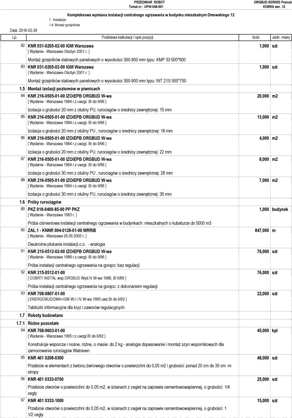 5 Montaż izolacji poziomów w piwnicach 84 KNR 216-0505-01-00 IZOiEPB ORGBUD W-wa 20,000 m2 Izolacja o grubości 20 mm z otuliny PU, rurociagów o średnicy zewnętrznej: 15 mm 85 KNR 216-0505-01-00