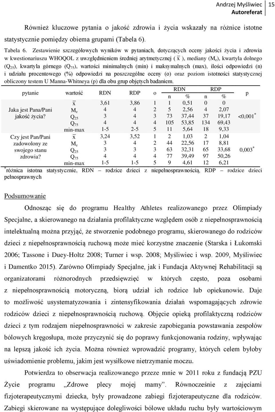 ), kwartyla górnego (Q 75 ), wartości minimalnych (min) i maksymalnych (max), ilości odpowiedzi (n) i udziału procentowego (%) odpowiedzi na poszczególne oceny (o) oraz poziom istotności