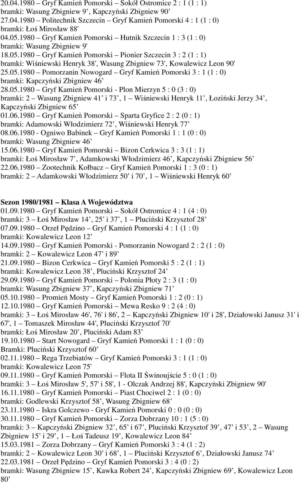 05.1980 Pomorzanin Nowogard Gryf Kamień Pomorski 3 : 1 (1 : 0) bramki: Kapczyński Zbigniew 46 28.05.1980 Gryf Kamień Pomorski - Plon Mierzyn 5 : 0 (3 : 0) bramki: 2 Wasung Zbigniew 41 i 73, 1 Wiśniewski Henryk 11, Łoziński Jerzy 34, Kapczyński Zbigniew 65 01.