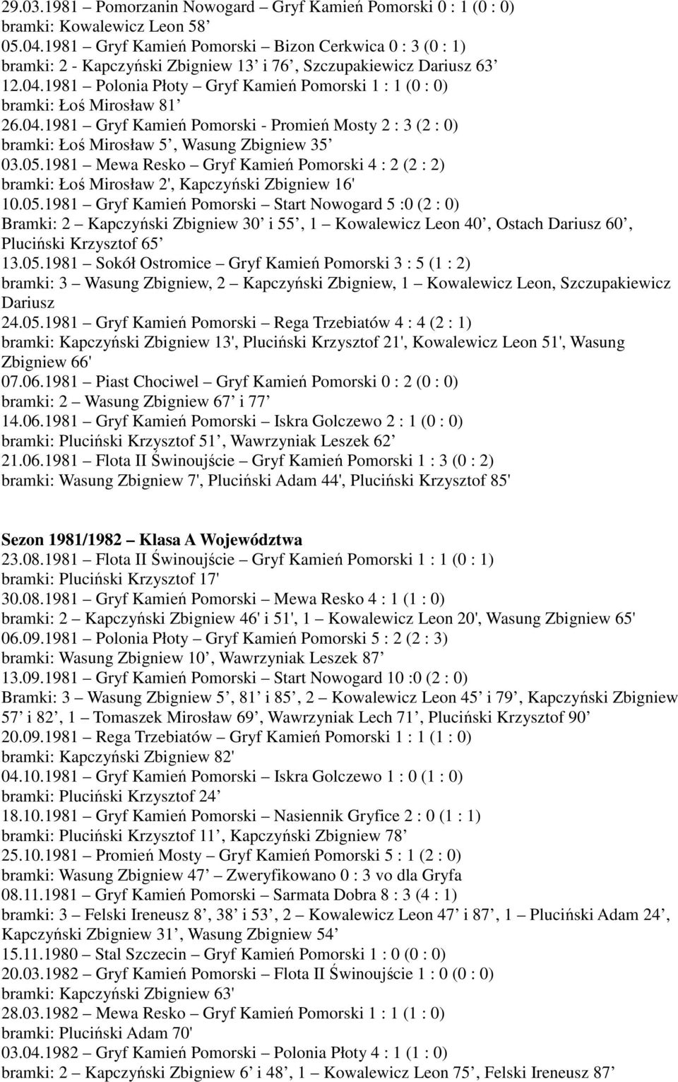 1981 Polonia Płoty Gryf Kamień Pomorski 1 : 1 (0 : 0) bramki: Łoś Mirosław 81 26.04.1981 Gryf Kamień Pomorski - Promień Mosty 2 : 3 (2 : 0) bramki: Łoś Mirosław 5, Wasung Zbigniew 35 03.05.